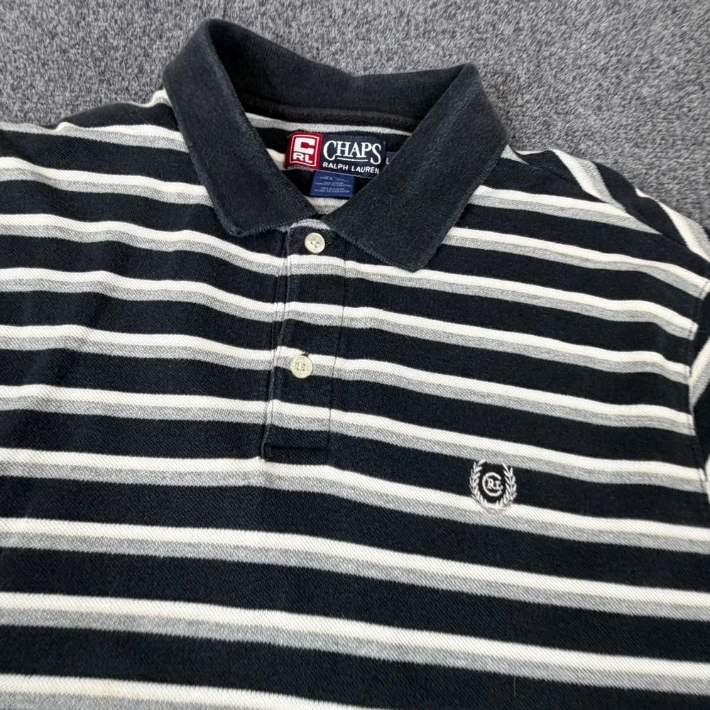 Chaps Ralph Lauren Mens Size L Large Black White Striped Cotton Pique Polo Shirt